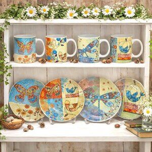 Cottagecore Lunch Set Floral Bird Butterfly Mug Plates 8 Piece Decorative Box VT